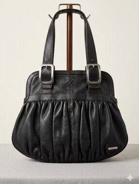 Cole Haan Black Gathered Leather Shoulder Bag with Silver Buckles